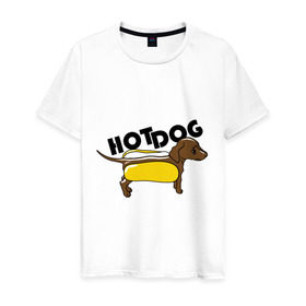Мужская футболка хлопок с принтом Hot dog в Петрозаводске, 100% хлопок | прямой крой, круглый вырез горловины, длина до линии бедер, слегка спущенное плечо. | Тематика изображения на принте: hot dog | булка | собака | собачка | хот дог