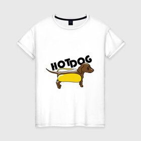 Женская футболка хлопок с принтом Hot dog в Петрозаводске, 100% хлопок | прямой крой, круглый вырез горловины, длина до линии бедер, слегка спущенное плечо | Тематика изображения на принте: hot dog | булка | собака | собачка | хот дог