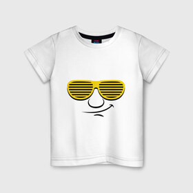 Детская футболка хлопок с принтом Клаббер в Петрозаводске, 100% хлопок | круглый вырез горловины, полуприлегающий силуэт, длина до линии бедер | Тематика изображения на принте: glow | жалюзи | клаббер | очки | очки  жалюзи | смайл | улыбка