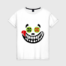 Женская футболка хлопок с принтом Зубастый смайл в Петрозаводске, 100% хлопок | прямой крой, круглый вырез горловины, длина до линии бедер, слегка спущенное плечо | crazy | зубастик | пуговицы | смайл | улыбка
