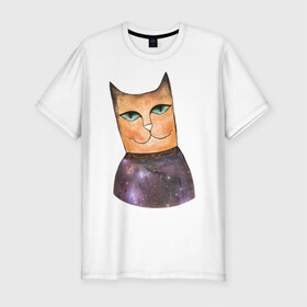 Мужская футболка премиум с принтом кот-космос в Петрозаводске, 92% хлопок, 8% лайкра | приталенный силуэт, круглый вырез ворота, длина до линии бедра, короткий рукав | cat | cute | space | космос | кот | котейка | котик | мило