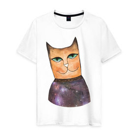 Мужская футболка хлопок с принтом кот-космос в Петрозаводске, 100% хлопок | прямой крой, круглый вырез горловины, длина до линии бедер, слегка спущенное плечо. | cat | cute | space | космос | кот | котейка | котик | мило