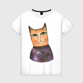 Женская футболка хлопок с принтом кот-космос в Петрозаводске, 100% хлопок | прямой крой, круглый вырез горловины, длина до линии бедер, слегка спущенное плечо | cat | cute | space | космос | кот | котейка | котик | мило