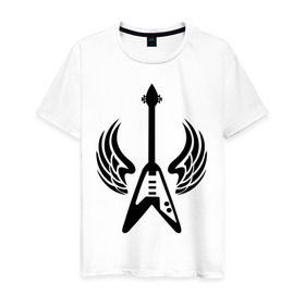 Мужская футболка хлопок с принтом Гитара с крыльями в Петрозаводске, 100% хлопок | прямой крой, круглый вырез горловины, длина до линии бедер, слегка спущенное плечо. | гитара | крылья