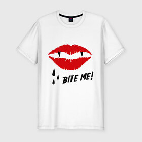 Мужская футболка премиум с принтом Bite me! в Петрозаводске, 92% хлопок, 8% лайкра | приталенный силуэт, круглый вырез ворота, длина до линии бедра, короткий рукав | вампир | укуси меня