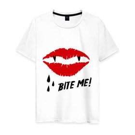 Мужская футболка хлопок с принтом Bite me! в Петрозаводске, 100% хлопок | прямой крой, круглый вырез горловины, длина до линии бедер, слегка спущенное плечо. | вампир | укуси меня