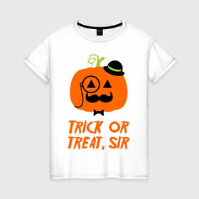 Женская футболка хлопок с принтом Trick or treat в Петрозаводске, 100% хлопок | прямой крой, круглый вырез горловины, длина до линии бедер, слегка спущенное плечо | halloween | trick or treat | подарок на хэллоуин | сюрприз на хэллоуин | тыква | хэллоуин