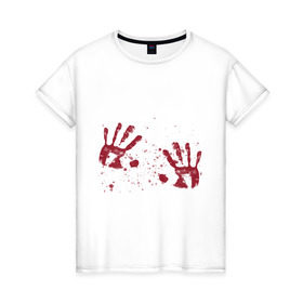 Женская футболка хлопок с принтом Кровавые отпечатки в Петрозаводске, 100% хлопок | прямой крой, круглый вырез горловины, длина до линии бедер, слегка спущенное плечо | blood | halloween | кровь | подарок на хэллоуин | сюрприз на хэллоуин | хэллоуин