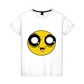 Женская футболка хлопок с принтом Чекнутый смайл в Петрозаводске, 100% хлопок | прямой крой, круглый вырез горловины, длина до линии бедер, слегка спущенное плечо | глазастик | жёлтый | прикол | смайлик