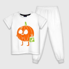 Детская пижама хлопок с принтом Тыква с пакетом в Петрозаводске, 100% хлопок |  брюки и футболка прямого кроя, без карманов, на брюках мягкая резинка на поясе и по низу штанин
 | halloween | конфета | пакет | тыква | тыква с пакетом | тыковка | хэллоуин
