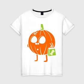 Женская футболка хлопок с принтом Тыква с пакетом в Петрозаводске, 100% хлопок | прямой крой, круглый вырез горловины, длина до линии бедер, слегка спущенное плечо | halloween | конфета | пакет | тыква | тыква с пакетом | тыковка | хэллоуин