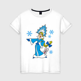 Женская футболка хлопок с принтом Снегурочка в Петрозаводске, 100% хлопок | прямой крой, круглый вырез горловины, длина до линии бедер, слегка спущенное плечо | девушкам | кролик | новый год | снег | снегурочка