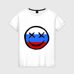 Женская футболка хлопок с принтом Русский смайл в Петрозаводске, 100% хлопок | прямой крой, круглый вырез горловины, длина до линии бедер, слегка спущенное плечо | russia | россия | смайл | улыбка | флаг