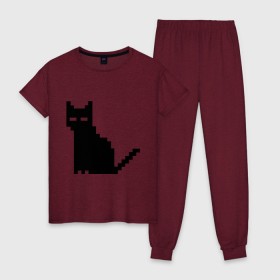 Женская пижама хлопок с принтом Пиксельный котик в Петрозаводске, 100% хлопок | брюки и футболка прямого кроя, без карманов, на брюках мягкая резинка на поясе и по низу штанин | Тематика изображения на принте: 90 | cat | kitten | kitty | pixel | кот | котейка | котик | котики | пиксель