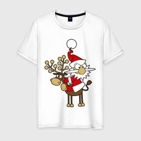 Мужская футболка хлопок с принтом Санта на олене. в Петрозаводске, 100% хлопок | прямой крой, круглый вырез горловины, длина до линии бедер, слегка спущенное плечо. | happy | happy new year | new year | santa | santa clows | олень | рудольф | санта | санта клаус