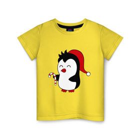 Детская футболка хлопок с принтом Новогодний пингвин. в Петрозаводске, 100% хлопок | круглый вырез горловины, полуприлегающий силуэт, длина до линии бедер | пингвин