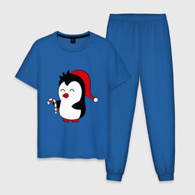 Мужская пижама хлопок с принтом Новогодний пингвин. в Петрозаводске, 100% хлопок | брюки и футболка прямого кроя, без карманов, на брюках мягкая резинка на поясе и по низу штанин
 | Тематика изображения на принте: пингвин