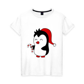 Женская футболка хлопок с принтом Новогодний пингвин. в Петрозаводске, 100% хлопок | прямой крой, круглый вырез горловины, длина до линии бедер, слегка спущенное плечо | пингвин