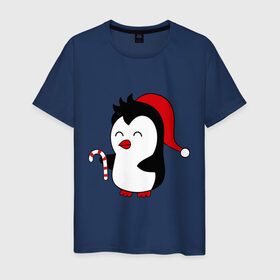 Мужская футболка хлопок с принтом Новогодний пингвин. в Петрозаводске, 100% хлопок | прямой крой, круглый вырез горловины, длина до линии бедер, слегка спущенное плечо. | пингвин