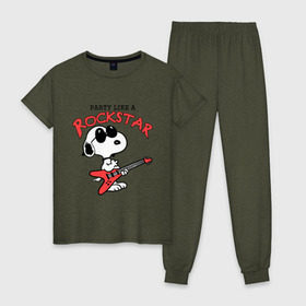Женская пижама хлопок с принтом Snoopy Rockstar в Петрозаводске, 100% хлопок | брюки и футболка прямого кроя, без карманов, на брюках мягкая резинка на поясе и по низу штанин | гитара