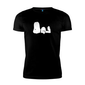 Мужская футболка премиум с принтом Спящий Снупи в Петрозаводске, 92% хлопок, 8% лайкра | приталенный силуэт, круглый вырез ворота, длина до линии бедра, короткий рукав | snoopy | домик | мультфильм | снупи | собака | спящий снупи