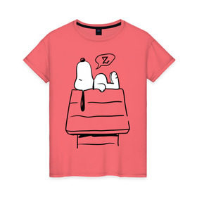 Женская футболка хлопок с принтом Спящий Снупи в Петрозаводске, 100% хлопок | прямой крой, круглый вырез горловины, длина до линии бедер, слегка спущенное плечо | snoopy | домик | мультфильм | снупи | собака | спящий снупи