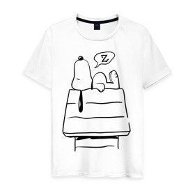 Мужская футболка хлопок с принтом Спящий Снупи в Петрозаводске, 100% хлопок | прямой крой, круглый вырез горловины, длина до линии бедер, слегка спущенное плечо. | snoopy | домик | мультфильм | снупи | собака | спящий снупи