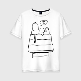 Женская футболка хлопок Oversize с принтом Спящий Снупи в Петрозаводске, 100% хлопок | свободный крой, круглый ворот, спущенный рукав, длина до линии бедер
 | Тематика изображения на принте: snoopy | домик | мультфильм | снупи | собака | спящий снупи