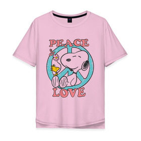 Мужская футболка хлопок Oversize с принтом Мир и любовь в Петрозаводске, 100% хлопок | свободный крой, круглый ворот, “спинка” длиннее передней части | snoopy | мир и любовь | мультфильм | снупи | собака