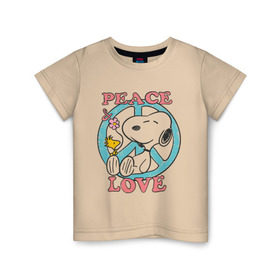Детская футболка хлопок с принтом Мир и любовь в Петрозаводске, 100% хлопок | круглый вырез горловины, полуприлегающий силуэт, длина до линии бедер | snoopy | мир и любовь | мультфильм | снупи | собака