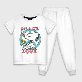 Детская пижама хлопок с принтом Мир и любовь в Петрозаводске, 100% хлопок |  брюки и футболка прямого кроя, без карманов, на брюках мягкая резинка на поясе и по низу штанин
 | Тематика изображения на принте: snoopy | мир и любовь | мультфильм | снупи | собака