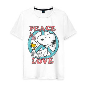 Мужская футболка хлопок с принтом Мир и любовь в Петрозаводске, 100% хлопок | прямой крой, круглый вырез горловины, длина до линии бедер, слегка спущенное плечо. | snoopy | мир и любовь | мультфильм | снупи | собака