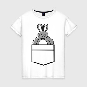 Женская футболка хлопок с принтом Зайчик в кармашке в Петрозаводске, 100% хлопок | прямой крой, круглый вырез горловины, длина до линии бедер, слегка спущенное плечо | животные | зайчик | карман | одежда | прикольные картинки