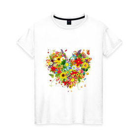 Женская футболка хлопок с принтом Сердце из полевых цветов в Петрозаводске, 100% хлопок | прямой крой, круглый вырез горловины, длина до линии бедер, слегка спущенное плечо | любовь | праздник | сердце из полевых цветов | счастье | цветы