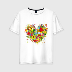 Женская футболка хлопок Oversize с принтом Сердце из полевых цветов в Петрозаводске, 100% хлопок | свободный крой, круглый ворот, спущенный рукав, длина до линии бедер
 | любовь | праздник | сердце из полевых цветов | счастье | цветы