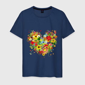 Мужская футболка хлопок с принтом Сердце из полевых цветов в Петрозаводске, 100% хлопок | прямой крой, круглый вырез горловины, длина до линии бедер, слегка спущенное плечо. | любовь | праздник | сердце из полевых цветов | счастье | цветы
