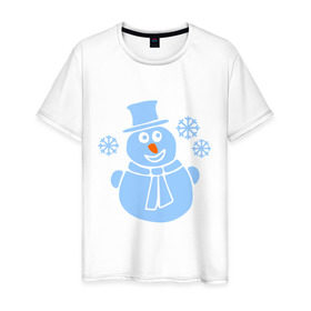 Мужская футболка хлопок с принтом Веселый снеговичек в Петрозаводске, 100% хлопок | прямой крой, круглый вырез горловины, длина до линии бедер, слегка спущенное плечо. | веселый снеговичек | зима | новый год | снеговик | снеговичек | снежинка
