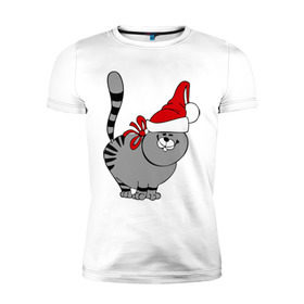 Мужская футболка премиум с принтом Кот в шапке в Петрозаводске, 92% хлопок, 8% лайкра | приталенный силуэт, круглый вырез ворота, длина до линии бедра, короткий рукав | киса | колпак | кот | кот в шапке | кошка | новый год | шапка