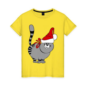 Женская футболка хлопок с принтом Кот в шапке в Петрозаводске, 100% хлопок | прямой крой, круглый вырез горловины, длина до линии бедер, слегка спущенное плечо | киса | колпак | кот | кот в шапке | кошка | новый год | шапка
