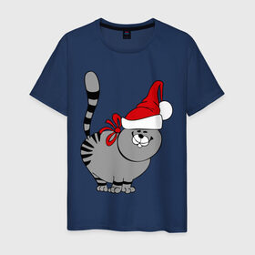 Мужская футболка хлопок с принтом Кот в шапке в Петрозаводске, 100% хлопок | прямой крой, круглый вырез горловины, длина до линии бедер, слегка спущенное плечо. | киса | колпак | кот | кот в шапке | кошка | новый год | шапка