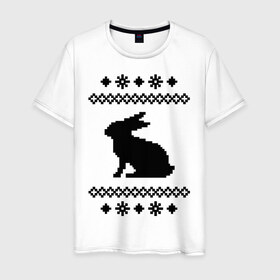 Мужская футболка хлопок с принтом Свитер с зайцем в Петрозаводске, 100% хлопок | прямой крой, круглый вырез горловины, длина до линии бедер, слегка спущенное плечо. | заяц | свитер | свитер с зайцем | снежинки | узор