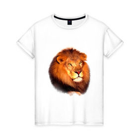 Женская футболка хлопок с принтом Лев в Петрозаводске, 100% хлопок | прямой крой, круглый вырез горловины, длина до линии бедер, слегка спущенное плечо | animals | lion | mountain | животные | лев | прикольные картинки