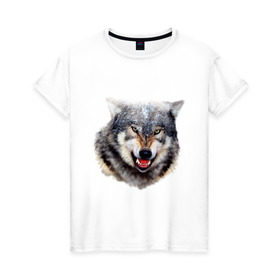 Женская футболка хлопок с принтом Волк в Петрозаводске, 100% хлопок | прямой крой, круглый вырез горловины, длина до линии бедер, слегка спущенное плечо | animals | mountain | wolf | волк | животные | прикольные картинки