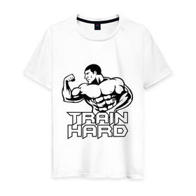 Мужская футболка хлопок с принтом Train hard (тренируйся усердно) в Петрозаводске, 100% хлопок | прямой крой, круглый вырез горловины, длина до линии бедер, слегка спущенное плечо. | Тематика изображения на принте: 