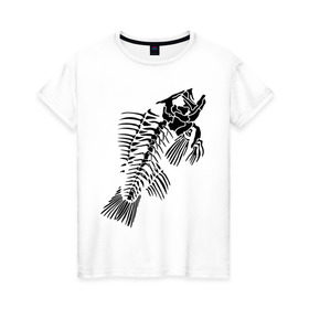 Женская футболка хлопок с принтом Рыбий скелет в Петрозаводске, 100% хлопок | прямой крой, круглый вырез горловины, длина до линии бедер, слегка спущенное плечо | скелет