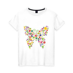 Женская футболка хлопок с принтом Бабочка из цветов в Петрозаводске, 100% хлопок | прямой крой, круглый вырез горловины, длина до линии бедер, слегка спущенное плечо | бабочка | цветочек