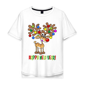 Мужская футболка хлопок Oversize с принтом Олень с шариками в Петрозаводске, 100% хлопок | свободный крой, круглый ворот, “спинка” длиннее передней части | new year | игрушки | новый год | олень | шарики