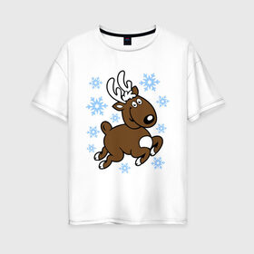 Женская футболка хлопок Oversize с принтом Олень и снежинки. в Петрозаводске, 100% хлопок | свободный крой, круглый ворот, спущенный рукав, длина до линии бедер
 | новогодние подарки | новый год | олененок | олень | подарок на новый год | снежинки