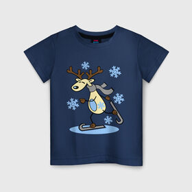 Детская футболка хлопок с принтом Олень на лыжах. в Петрозаводске, 100% хлопок | круглый вырез горловины, полуприлегающий силуэт, длина до линии бедер | лыжи | новогодние подарки | новый год | олененок | олень | подарок на новый год