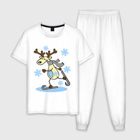 Мужская пижама хлопок с принтом Олень на лыжах. в Петрозаводске, 100% хлопок | брюки и футболка прямого кроя, без карманов, на брюках мягкая резинка на поясе и по низу штанин
 | лыжи | новогодние подарки | новый год | олененок | олень | подарок на новый год